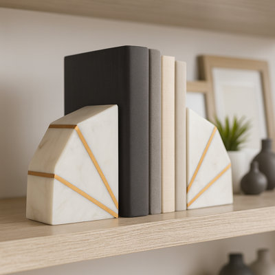 5.5" W Marble Geometric Bookends with Gold Inlay (Set of 2)