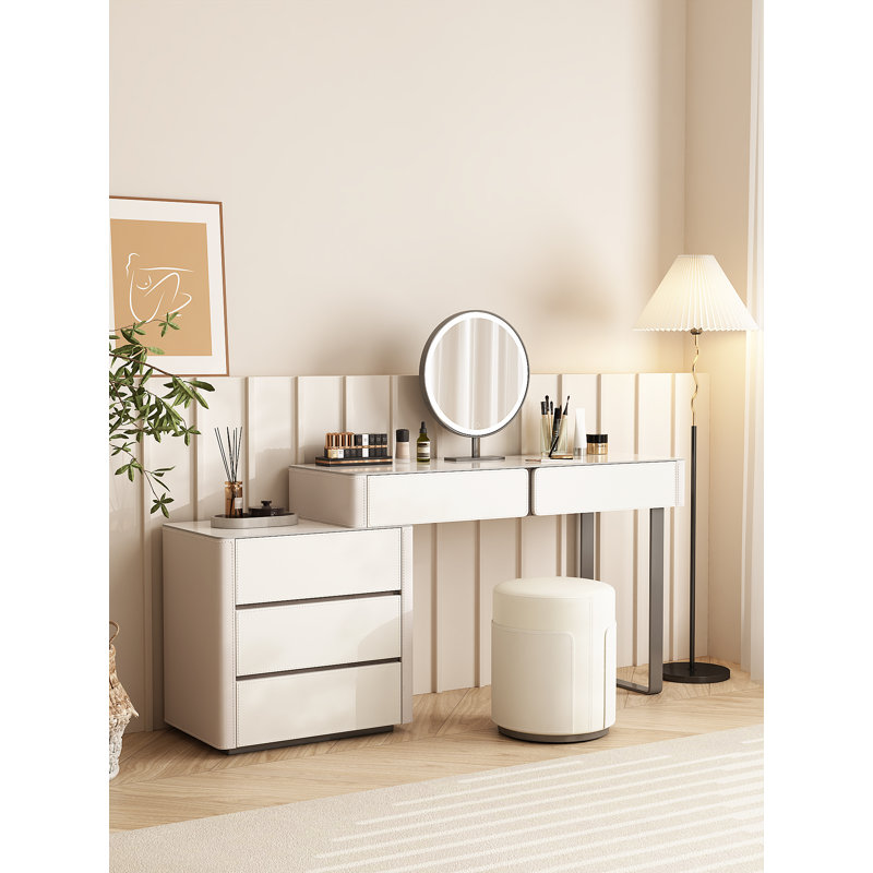 Ensemble de coiffeuse moderne avec miroir et tabouret à DEL, ensemble de bureau de maquillage en cuir de selle, acier inoxydable, panneau de roche, tiroirs de rangement pour la coiffeuse de la chambre à coucher