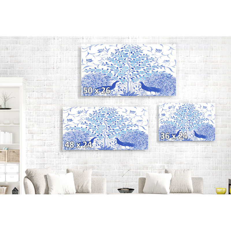 Paire de paons, marguerites, oiseaux, fleurs, chinoiseries, plumes, bleu, blanc, indigo, cyan, H 24 po x l 36 po x P 1,5 po