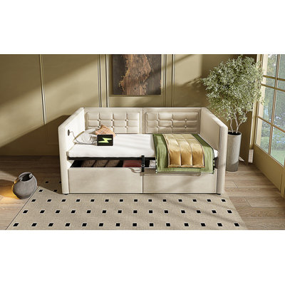 Twin Size Daybed, Hydraulic Storage Twin Bed Frame With USB & Type-C Charging, Bed Frame With Wooden Slats And Tufted Sofa Back(Without Mattress)