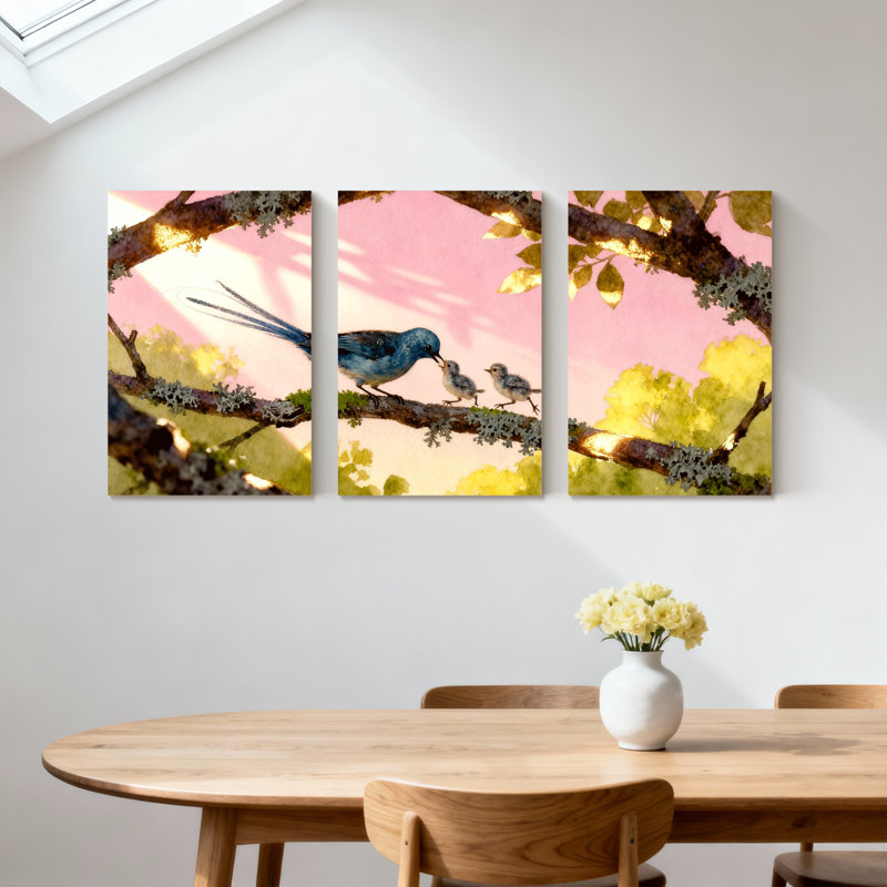 Oiseaux qui nourrissent des poussins sur une branche avec des feuilles, ensemble de 3 impressions sur toile