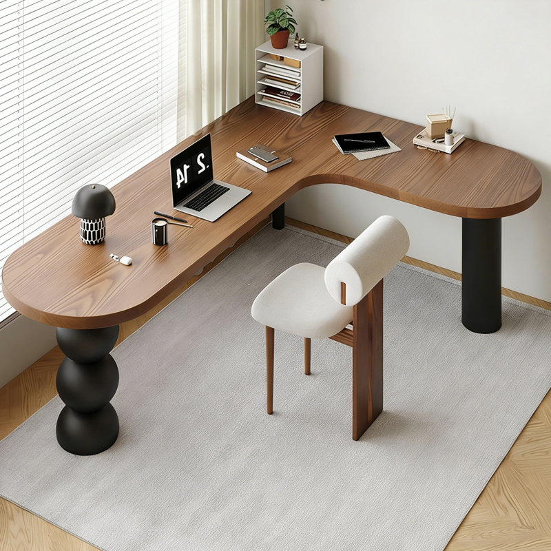 Noyer clair + bureau en bois massif en forme de L noir, Retour à droite, H 29,53 po x l 70,87 po x P 39,37 po