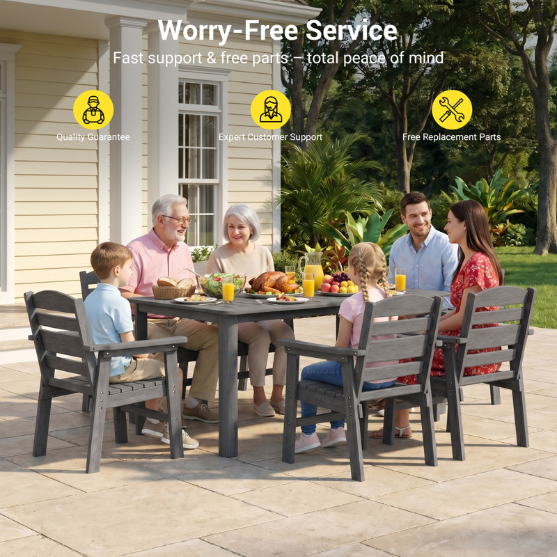 7 Piece Outdoor HDPE Dining Set, All-Weather Patio Table and Chairs W/ Umbrella Hole, Low Maintenance for Porch, Backyard