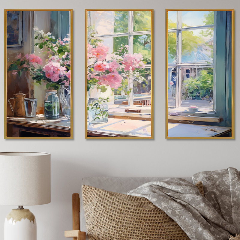 Art floral mural délicat rétro avec fenêtre française II, Cadre flottant doré, H 28 po x l 36 po x P 1 po