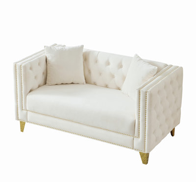 58" Chesterfield Velvet Sofa In Beige, 2-Seater Deep Seat Couch With Button Tufting, Nailhead Trim, And Square Arms For Living Room Or Office