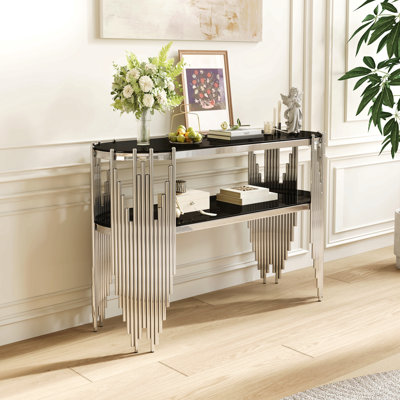 Console de luxe avec tablettes en verre trempé à 2 niveaux, table d'entrée ovale moderne pour le couloir et le salon, structure en acier inoxydable poli, 47 po x 15,7 po x 31,5 po