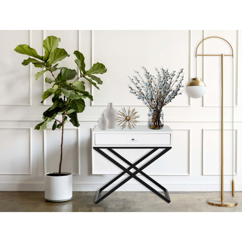 Table de chevet en bois Koda 23 po avec plateau en verre, tiroir et base en métal, Blanc