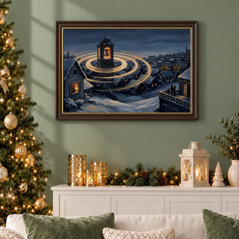 «Snowy Village Bell Tower», 12"H x 18"W