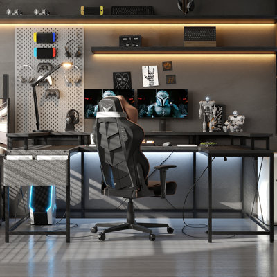 126" Reversible U & L Shaped Gaming Computer Desk with Built-In Monitor Stand, LED Lighting Strip & Integrated Power Outlets, Large Multi-Corner Workstation for Gaming, Streaming & Home Office Setup