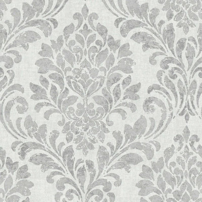 Grey Ochre Yellow Blue Linen Effect Metallic Damask Leopard Feature Wallpaper[FULL ROLL - Eleanor Damask Grey 173511]