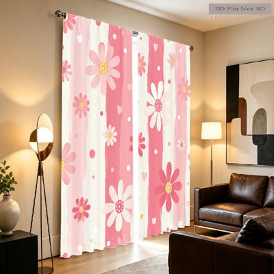 2 rideaux mignons à motif de marguerites, tissu filtrant la lumière, rayures artistiques et pois, protection de la vie privée, conception à passe-tringle, convient au salon, à la chambre à coucher et à la cuisine