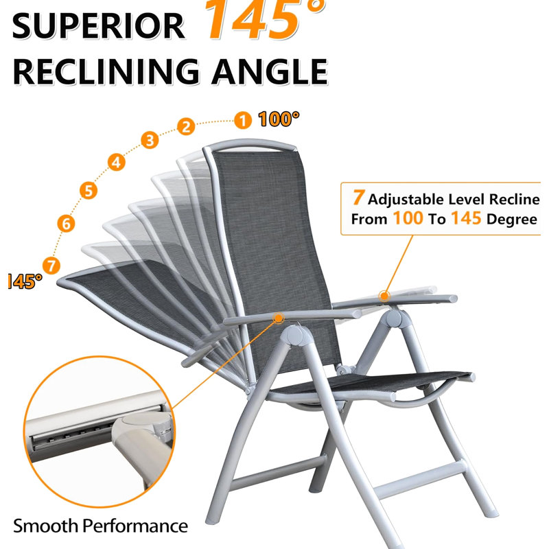 2 Outdoor Reclining Patio Chairs, Aluminium Frame With Dark Gray Seat. Adjustable Back For Camping, Beach Deck. Spacious & Ergonomic Folding Chairs Of 2, Garden, Fabric Seat, . Foldable