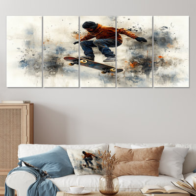 Black Skateboard Street Accented With Orange I - Skateboard Wall Art Set