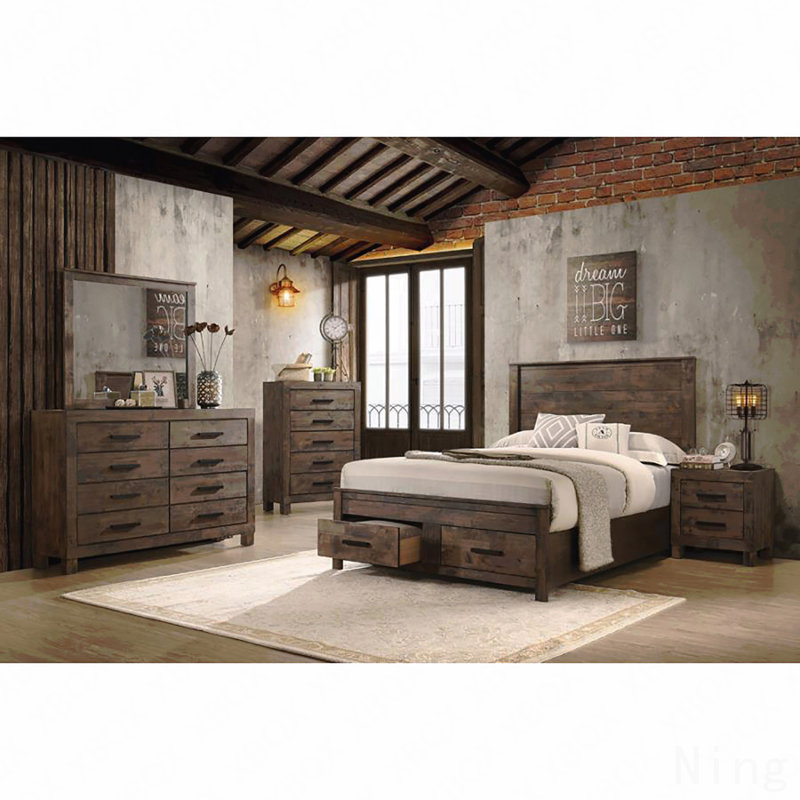 Table de chevet 2 tiroirs rustique brun doré, Marron foncé