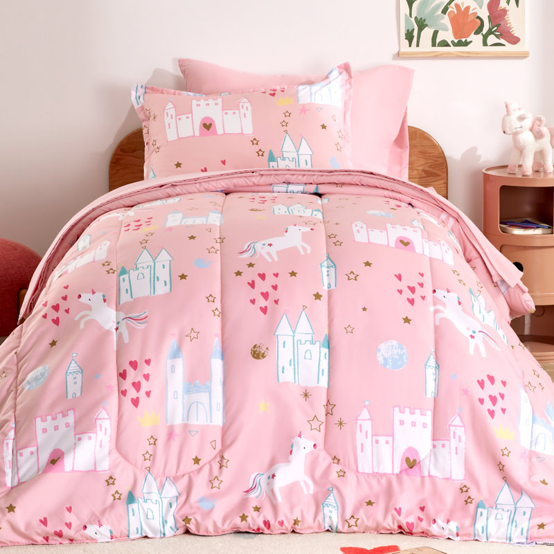 Full Pink Microfiber Kids Unicorn Castle Comforter Set