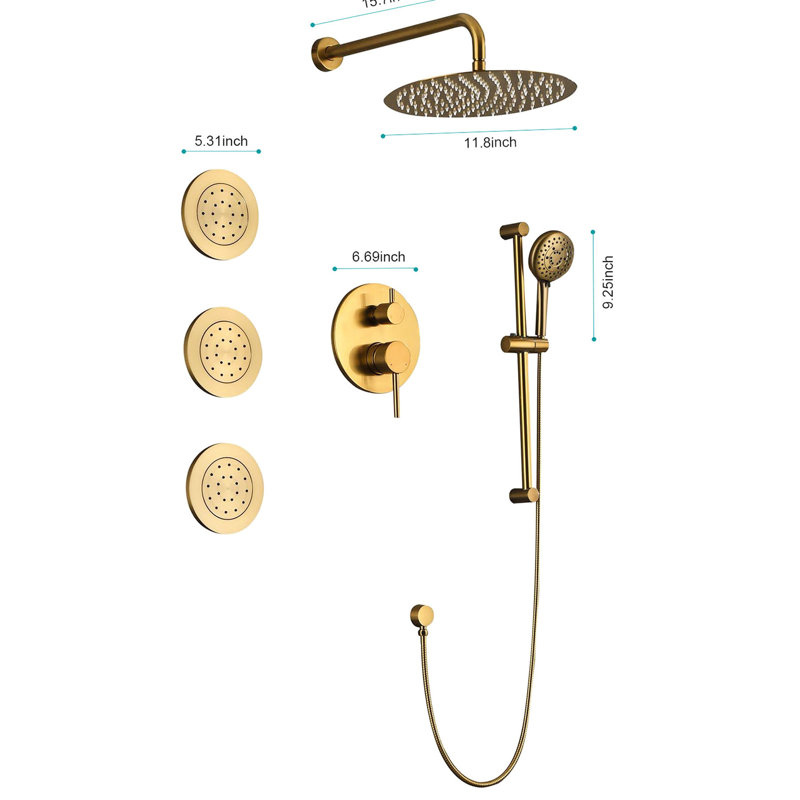 Brushed Gold Shower System With Stylish 59-inch Hose, Arm & Hose In Rain Head, Hand Bodysprays, Brushed Gold