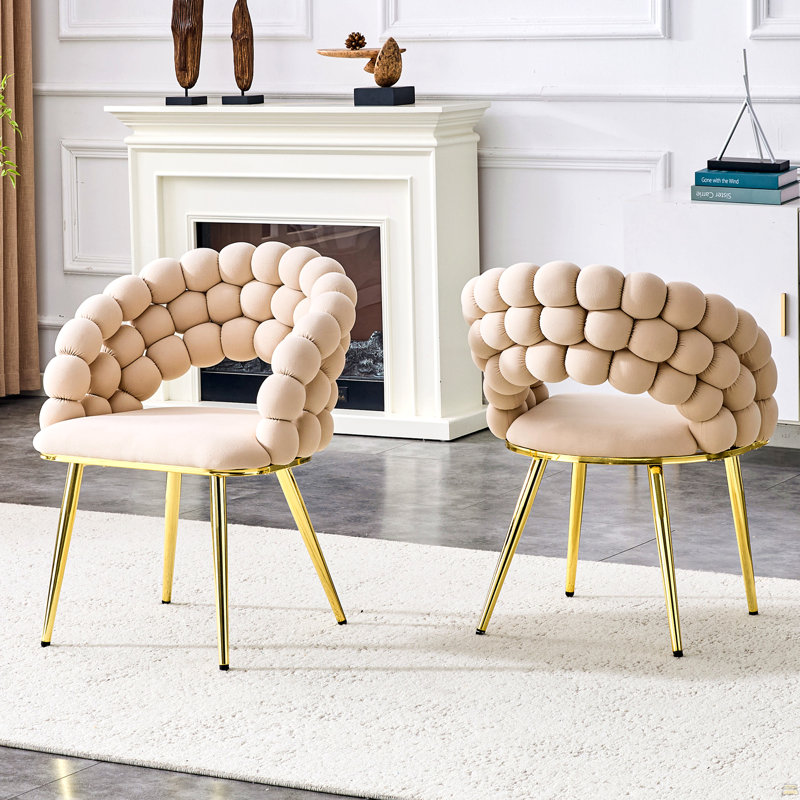 Ensemble de 2 chaises de salle à manger en velours avec chaînes et boules plaquées or, Beige, Doré