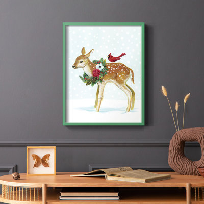 «Winter Woodland Creatures with Cardinals II», reproduction encadrée - bois massif