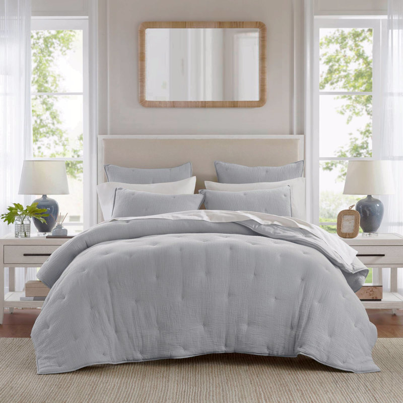 Ensemble de courtepointe 3 pièces en coton brodé double / grand, bleu