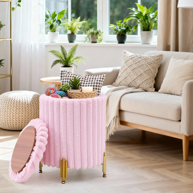 Round Velvet Ottoman with Storage, Pink