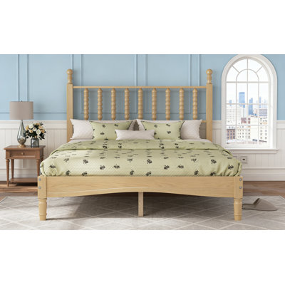 Full-Size Vintage Wooden Platform Bed, Crafted From Natural Materials, Featuring An Elegant Gourd-Shaped Headboard And Sturdy Solid Wood Slats.