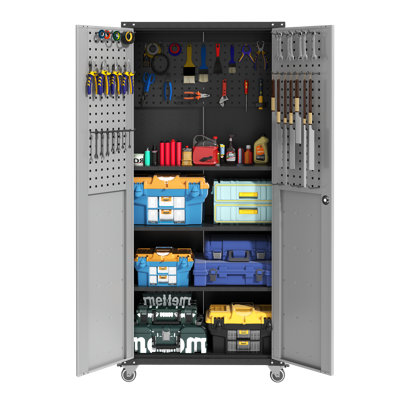 Ackron Heavy-Duty Metal Garage Storage Cabinet with Wheels, Lockable Adjustable Shelves & Pegboard Panels