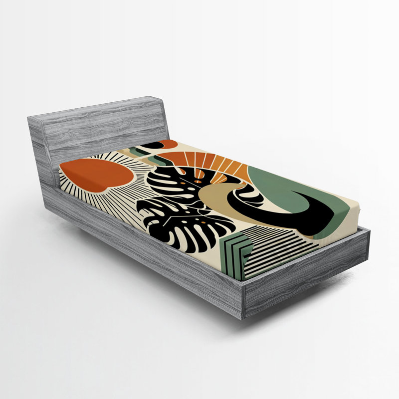 Drap-housse Ambesonne Monstera_ Boho Mid Century Sun Leaf_ Cannelle noir beige, Drap-housse simple TG