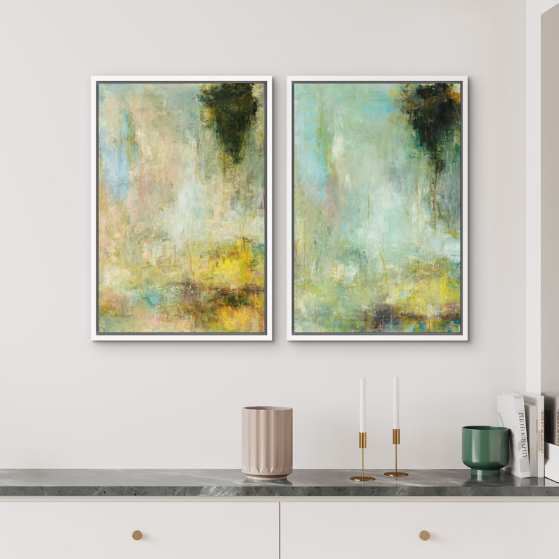Art mural abstrait, ensemble de 2 reproductions d'art encadrées sur toile, H 24 po x l 32 po, Blanc