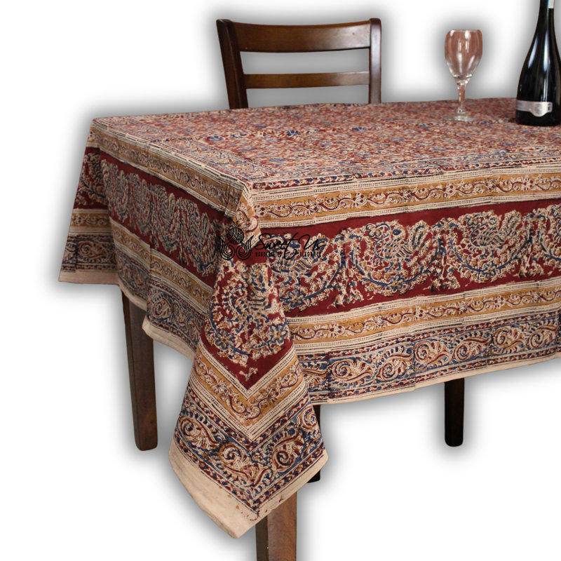 Vegetable Dye Block Print Cotton Floral Tablecloth Rectangle, 60" x 60"