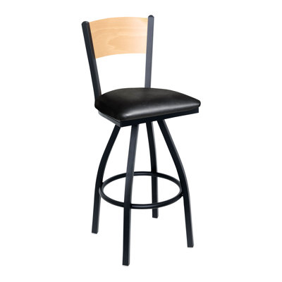 Tabouret de bar pivotant à dossier en bois massif Dale - Dossier noyer - Siège en vinyle noir Quick Ship - Structure en acier - Finition noir sable