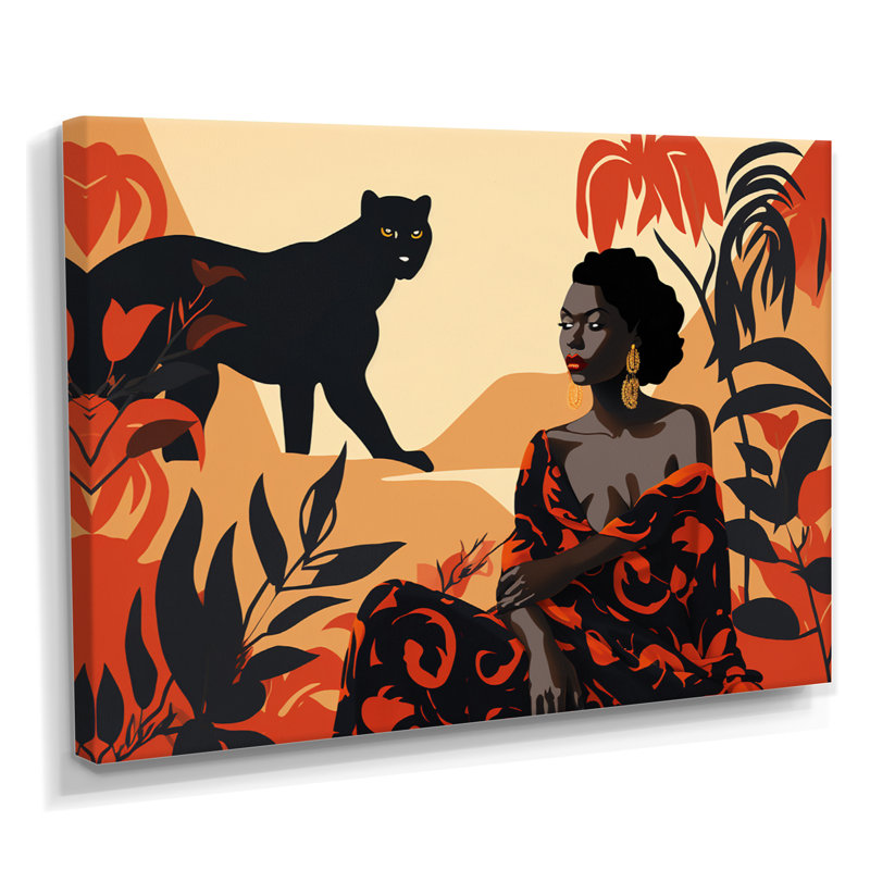 Rétro femme africaine avec panthère botanique - art mural africain, H 30 po x l 40 po, Toile tendue