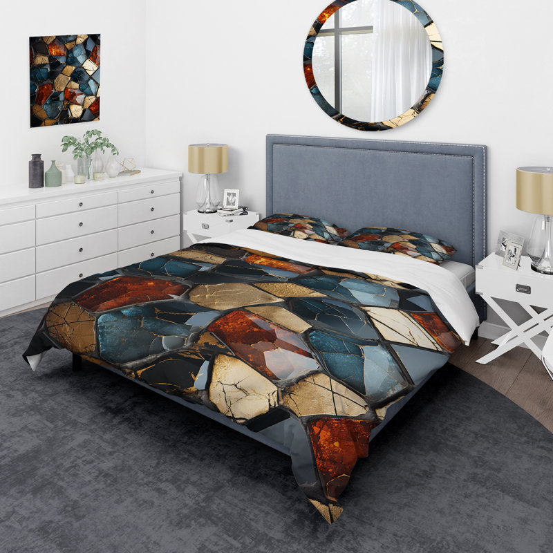 Ensemble de housse de couette carreaux de mosaïque cubes dorés et bleus III, Housse de couette pour grand lit