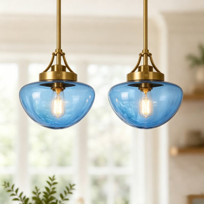 Luminaire suspendu pour îlot de cuisine 1 lumière à intensité variable en verre bleu moderne à hauteur réglable (ensemble de 2)