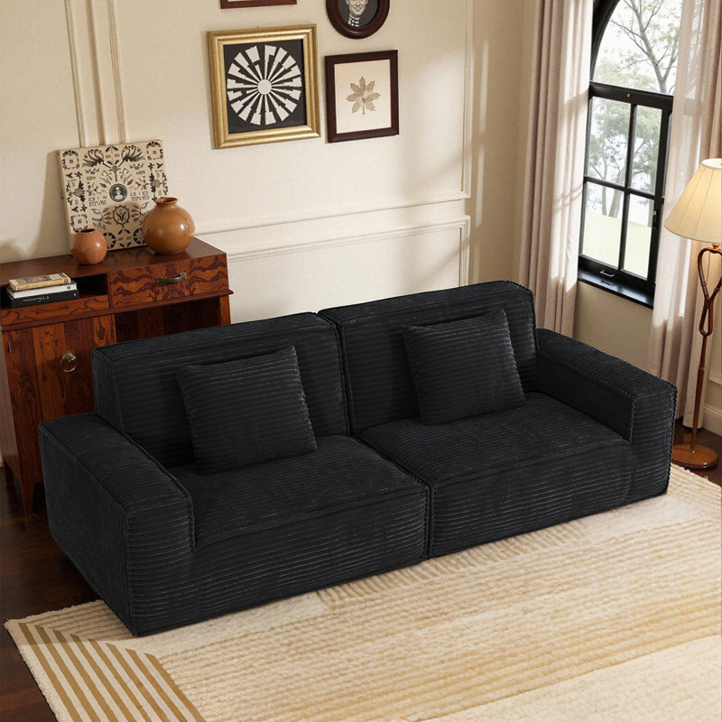 Grand canapé à compression en tissu rayé de 106,3 pouces, style moderne, style maison confortable, salon, mobilier de chambre à coucher, compression à vide, éponge double, droite à rebond élevé