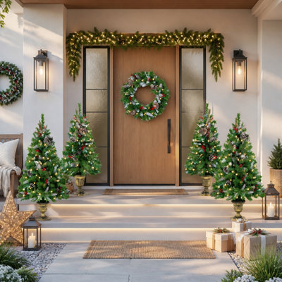 6-Piece Christmas Tree Set with 4 Trees and 1 Pre-Lit Wreath and Garland
