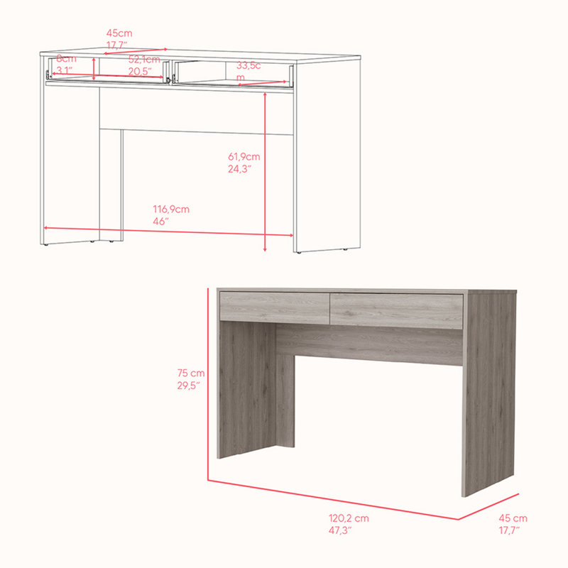 Bureau d'ordinateur Aberdeen, deux tiroirs, finition gris clair