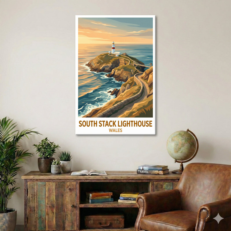 South Stack Lighthouse, Wales - Romantic Coastal Travel Poster | Cliffside Lighthouse Art Print. Giclee Print On Wrapped Canvas. Wall Art, Home Decor - Coastal & Maritime, Wales - Wrapped Canvas Print