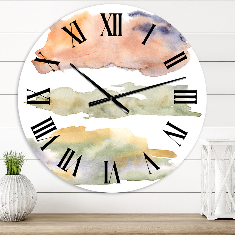 Abstrait orange, beige, vert, bleu et nuages - horloge murale moderne, Surdimensionné