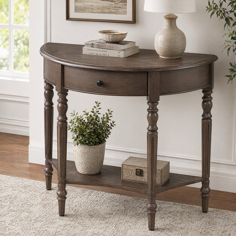 Table d'entrée en demi-lune rustique avec console et rangement pour couloirs étroits, Walnut Wood