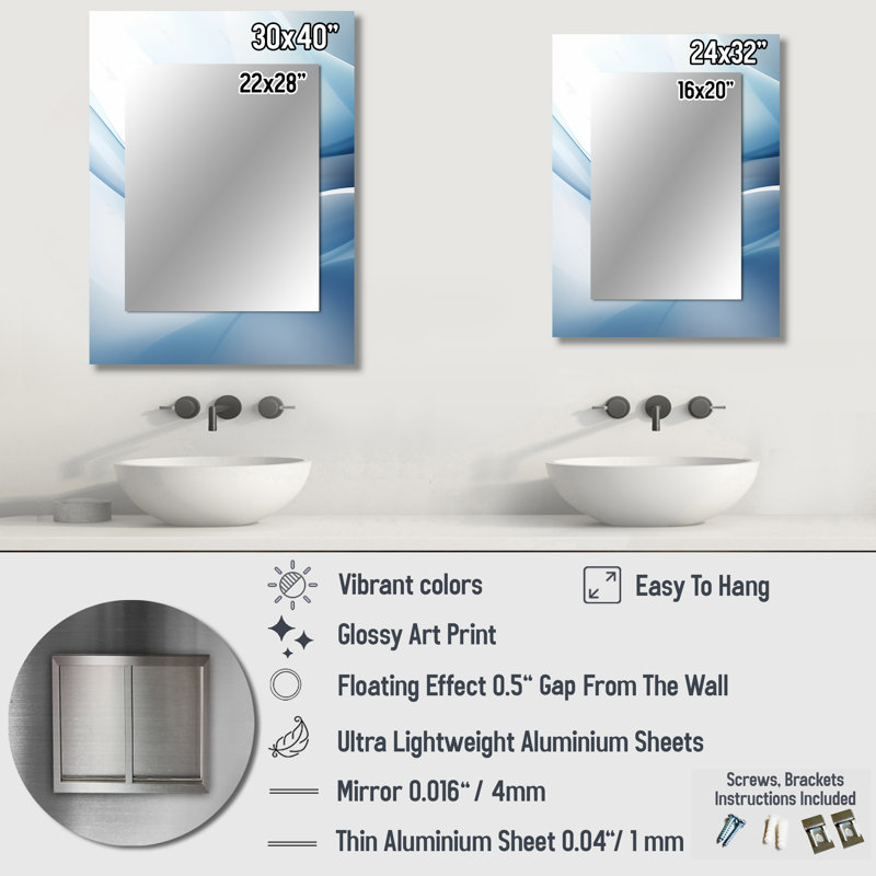 Blue And White Abstract Fractal Fusion I - Modern Wall Mirror, 32" x 24"