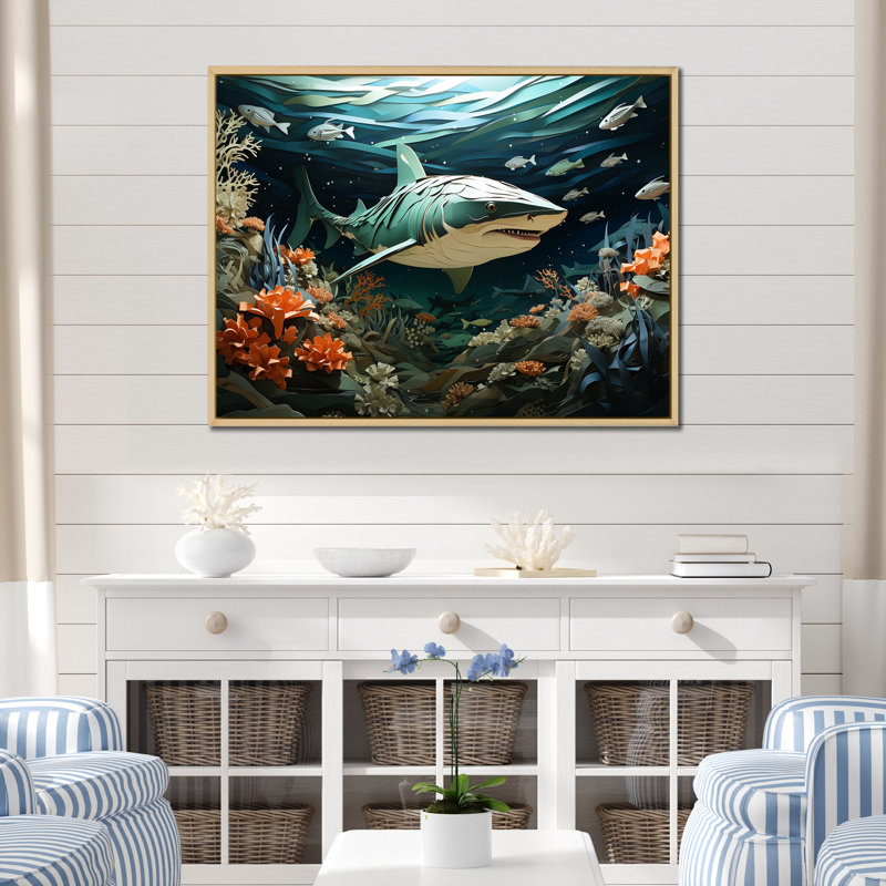 " Coral And Sharks Collage Symetry II ", 16" H x 32" W x 1" D, Natural Floater Framed