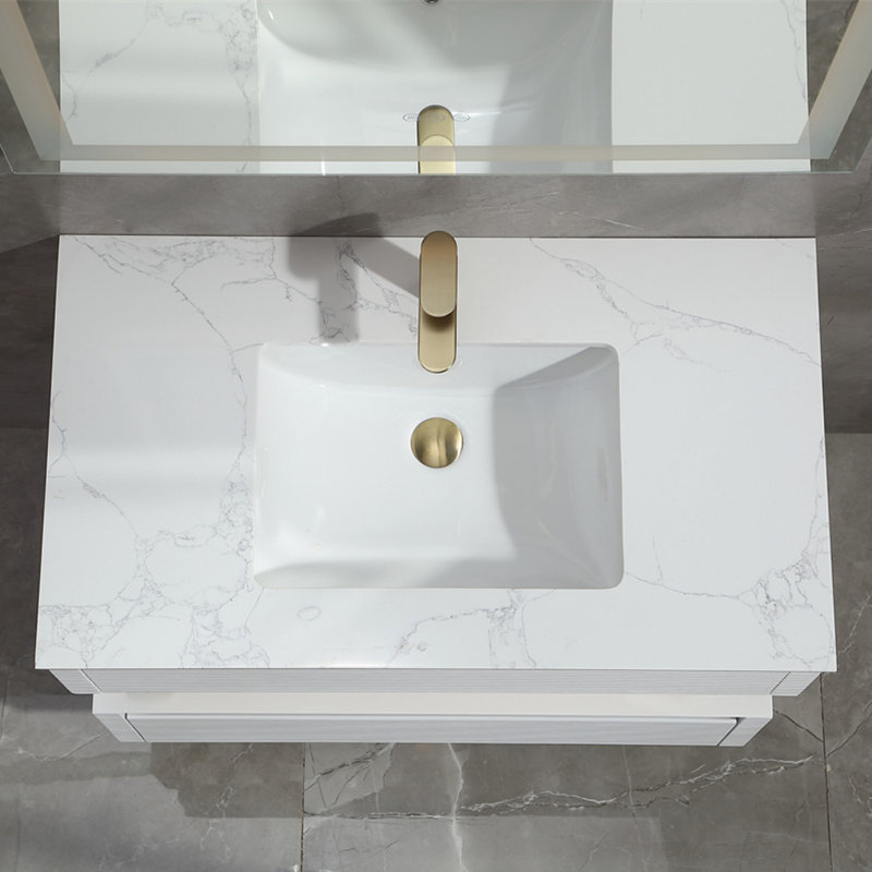 Solid wood 36'' Modern Wall Mounted Single Bathroom Vanity with Engineered Marble Top and Light, White