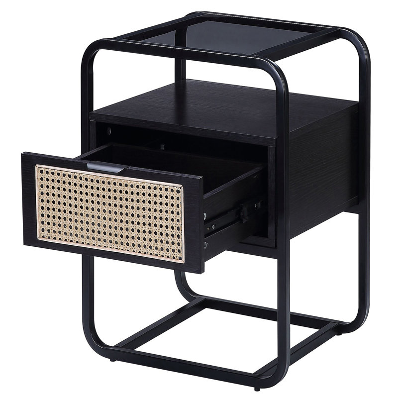 Chic table d'appoint noire avec verre trempé et espace de rangement secret Un tiroir avant-gardiste