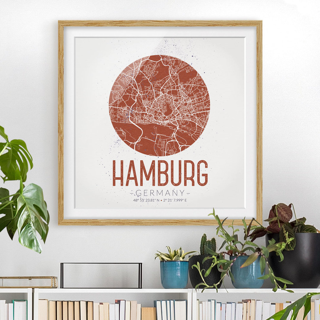 Gerahmtes Papierbild Stadtplan Hamburg - Retro