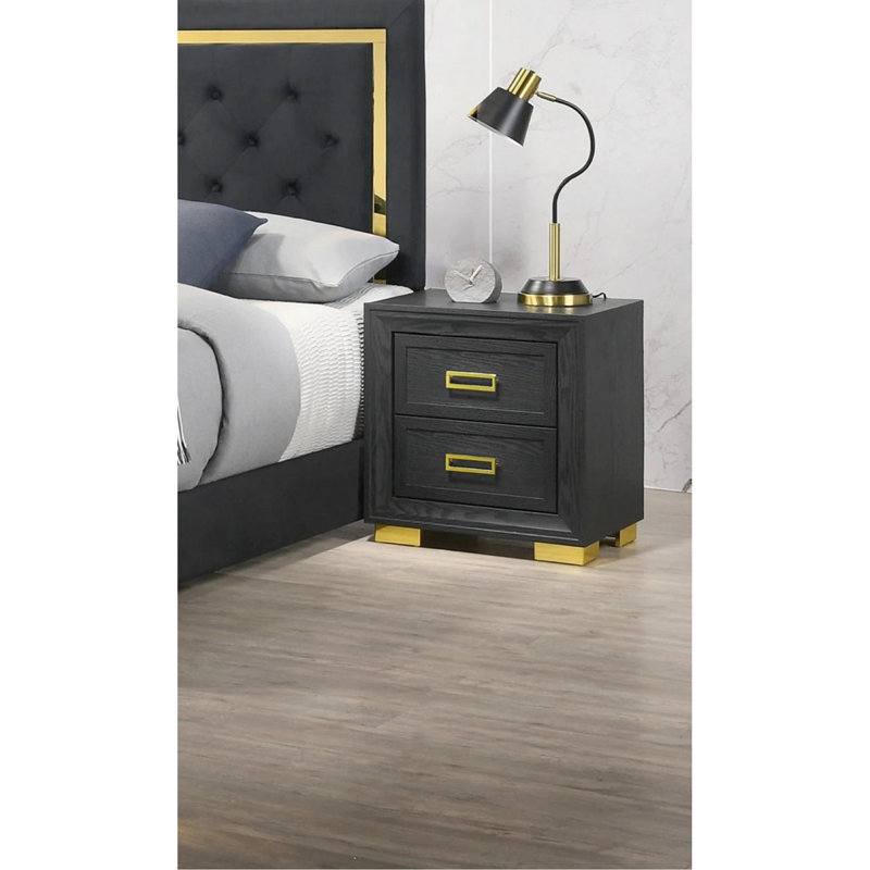 Table de chevet moderne 2, finition noire et détails dorés avec finition, option