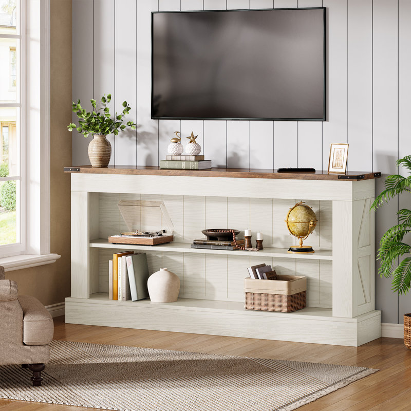     63-inch Farmhouse Console Table With Storage, Long Entryway Table Sofa Table Behind Couch, Dark Brown, White Washed