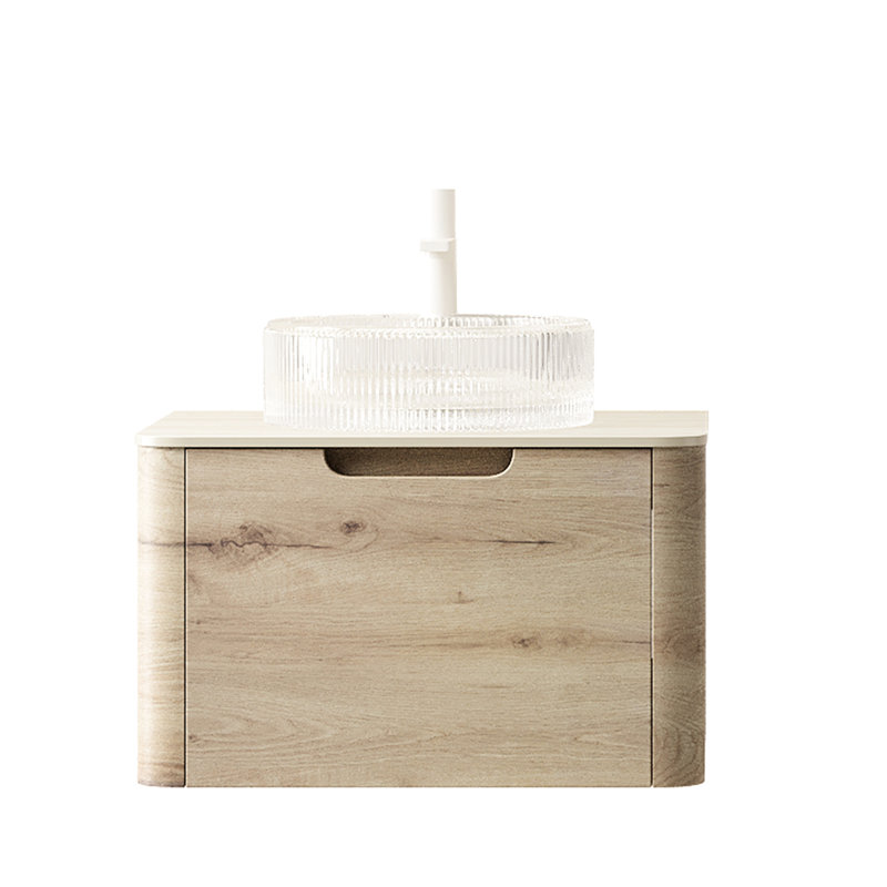 24" Bathroom Vanity With Transparent Round Basin, Floating Plywood Drawer Cabinet, Stone Top, Soft Close Drawer, White Oak Color Glass Basin - Pattern Finish