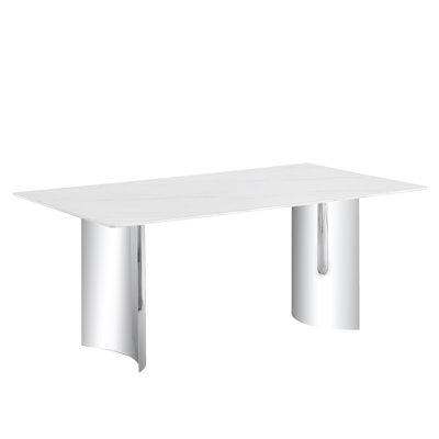 Modern Minimalist Dining Table. The White Imitation Marble Glass Desktop Is Equipped With Silver Metal Legs. Suitable For Restaurants And Living Rooms