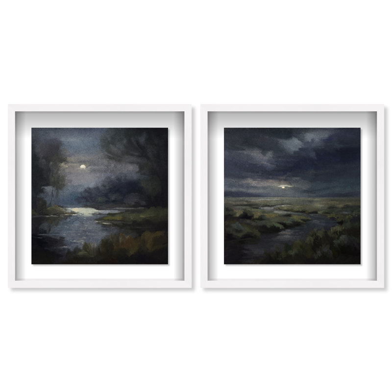 Ensemble de 2 impressions sous cadre « Lune cachée » d'Oliver Gal, représentant un paysage et la nature., White Frame