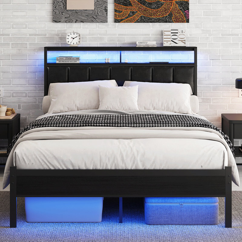 Queen Size Bed Frame with Charging Station and LED Lights, Black Upholstered Headboard with 2-Tier Storage Shelves, Metal Bed Frame with Headboard, No Box Spring Needed, Easy Assembly, Black